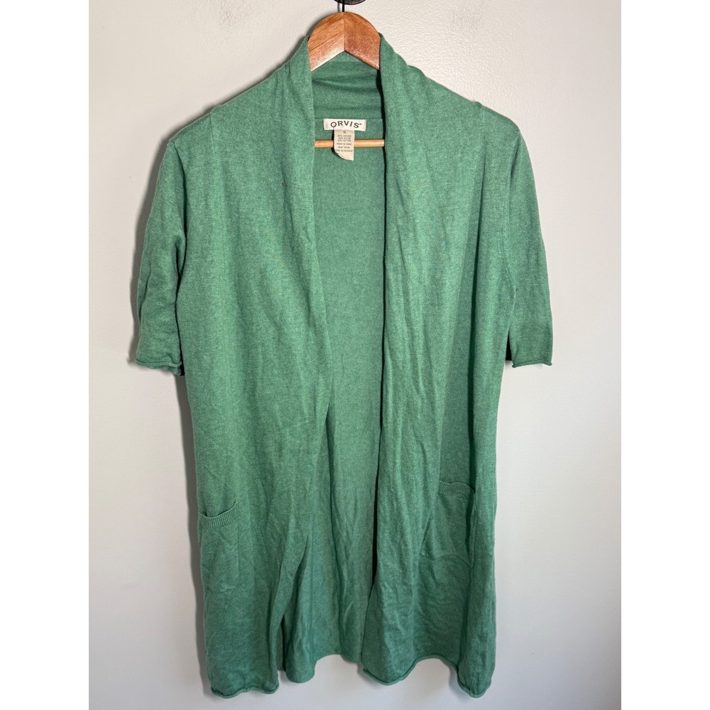 Orvis Womens Green Open Front Cardigan Sweater Short Sleeve Pocket Knit Small